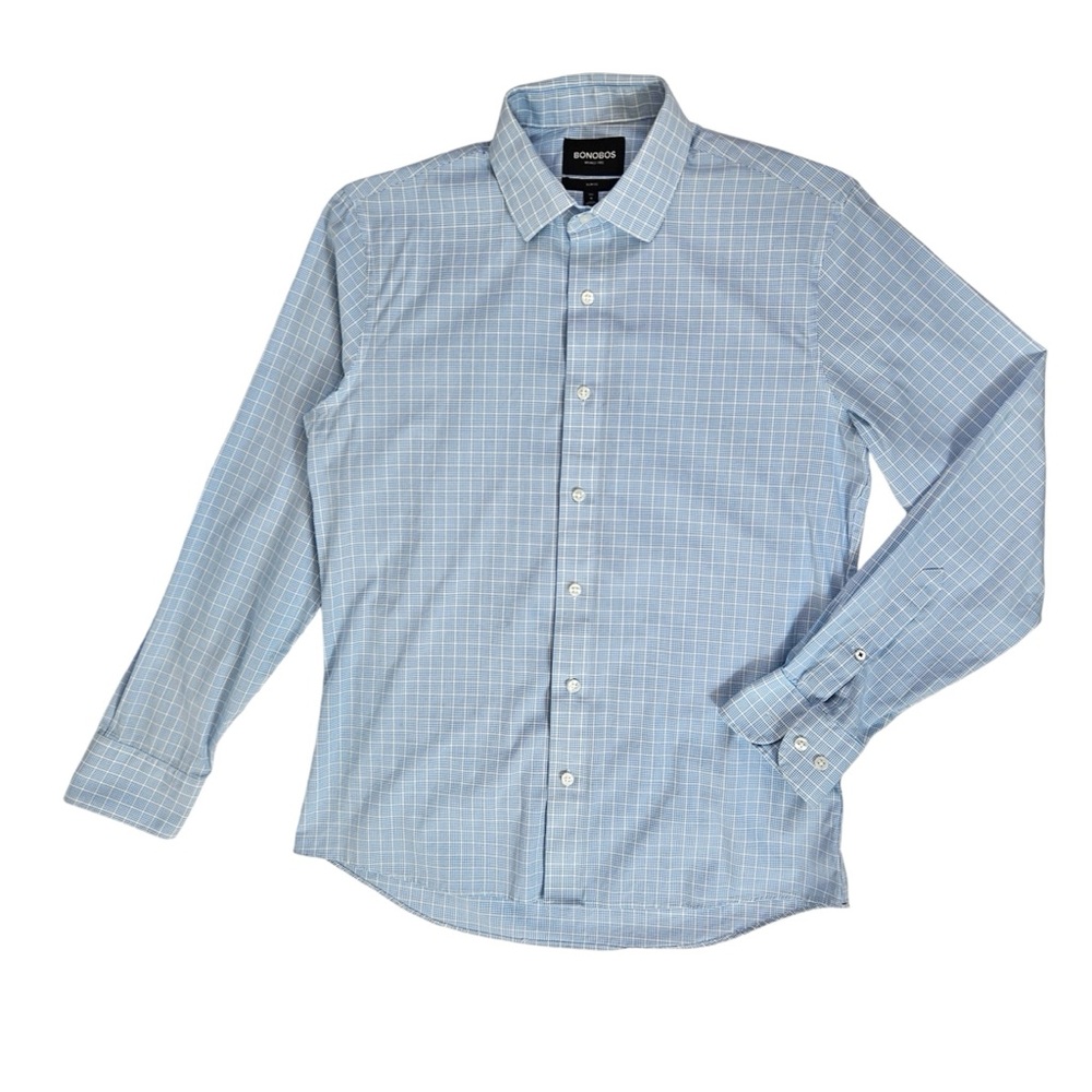 BONOBOS Slim Fit Button Down Shirt Light Blue Plaid Men M Medium